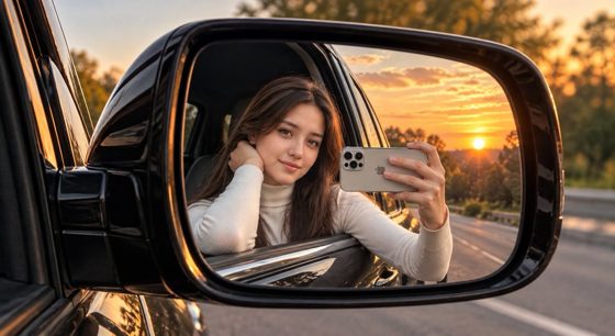 سلفی زن در آینه ماشین لوکس با نور طلایی